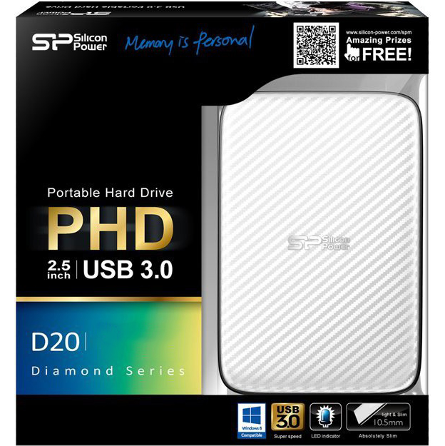 Внешний жесткий диск SILICON POWER Diamond D20 2.5 USB 3.0 2TB White (SP020TBPHDD20S3W) Емкость 2 Тб