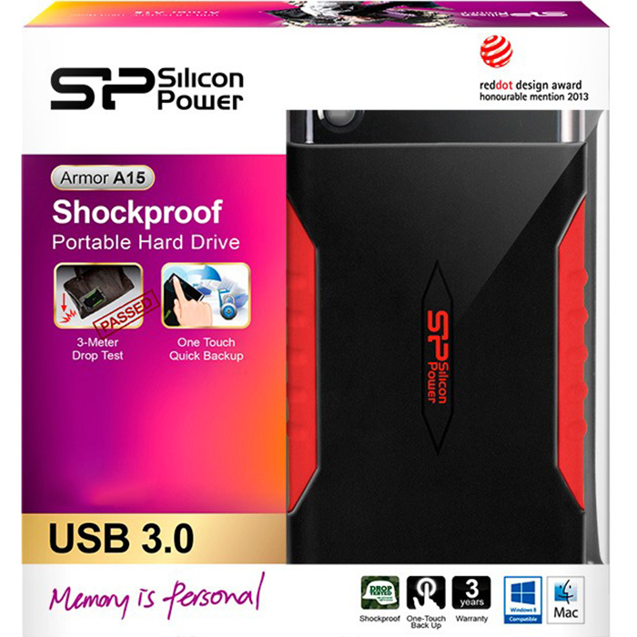 Внешний жесткий диск SILICON POWER Armor A15 2.5 USB 3.0 500GB Black/Red (SP500GBPHDA15S3L) Тип жесткий диск (HDD)