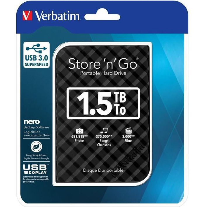 Внешний жесткий диск VERBATIM 1.5TB Black (53226) Емкость 1.5 Тб