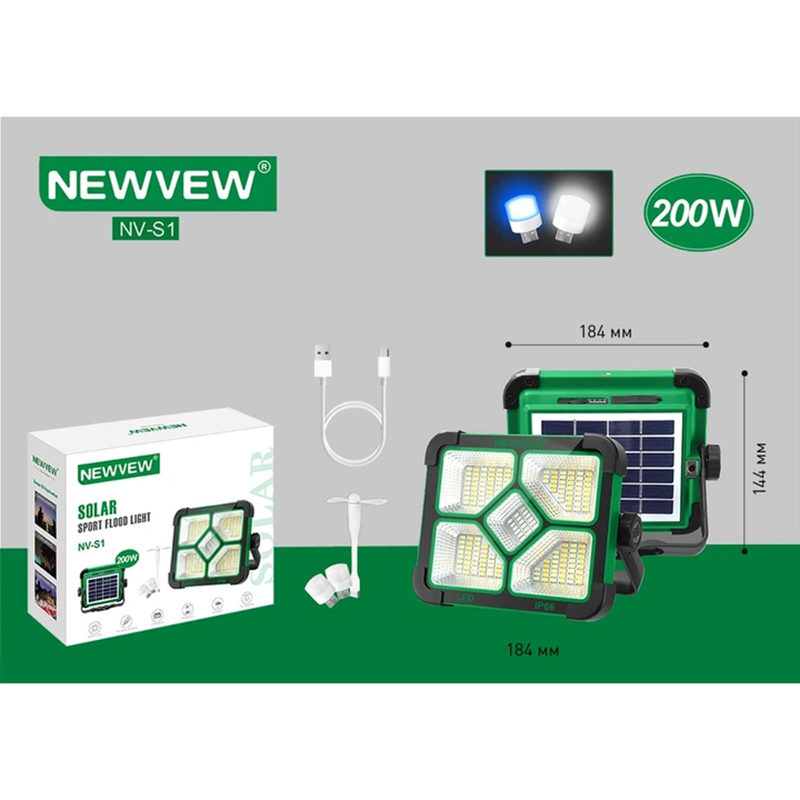 Внешний вид Фонарь NEWVEW аккумуляторный NV-S1 200W Solar Panel 3600mAh Green (NWVW-NV-S1-GN)