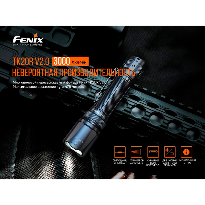 Фонарь FENIX TK20R V2.0 (TK20RV20) Емкость батареи 500