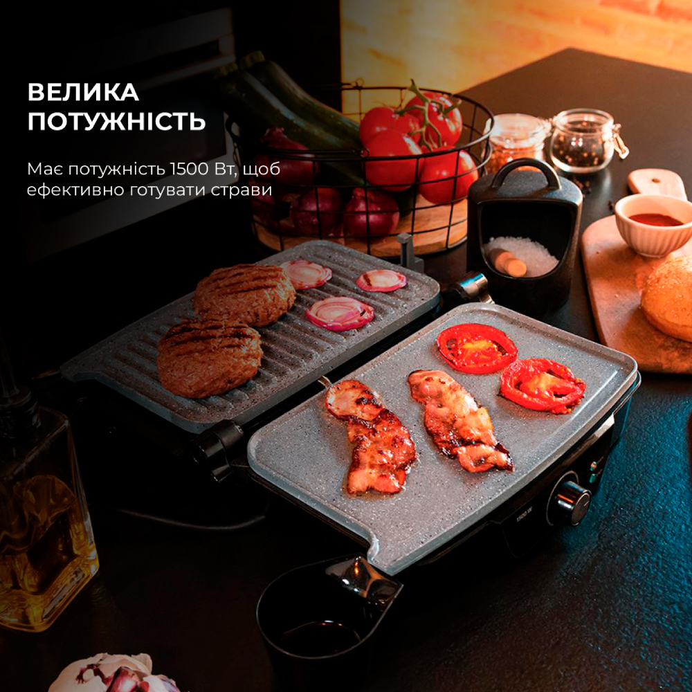 Гриль CECOTEC Rock'nGrill 1500 Stone Ceramic Mix&Grill (CCTC-03194) Дополнительно материал корпуса: пластик, нержавеющая сталь, раскрытие пластин на 180°, длина шнура 77 см, индикатор нагрева, индикатор работы