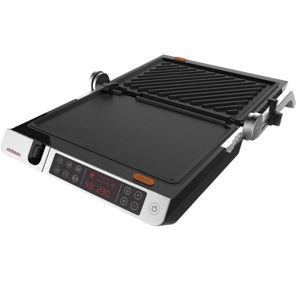 Гриль GASTROBACK 42539 Додатково таймер на 60 хвилин; Світлові індикатори; Антипригарне покриття; Довжина кабелю: 0,9 м; Робочі пластини можна мити в посудомийній машині; Розкладається як великий гриль для барбекю.