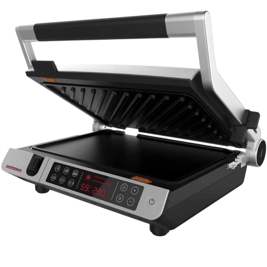 Гриль GASTROBACK 42539 Комплектація гриль, 2 пластини (гладка та ребриста), вбудований піддон для крапель жиру, термощуп, документація