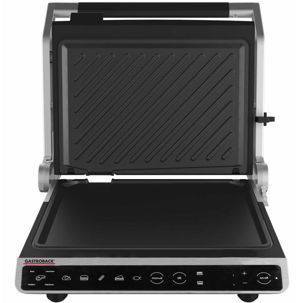 Гриль GASTROBACK 42542 Комплектація гриль, 2 пластини (гладка та ребриста), вбудований піддон для крапель жиру, документація