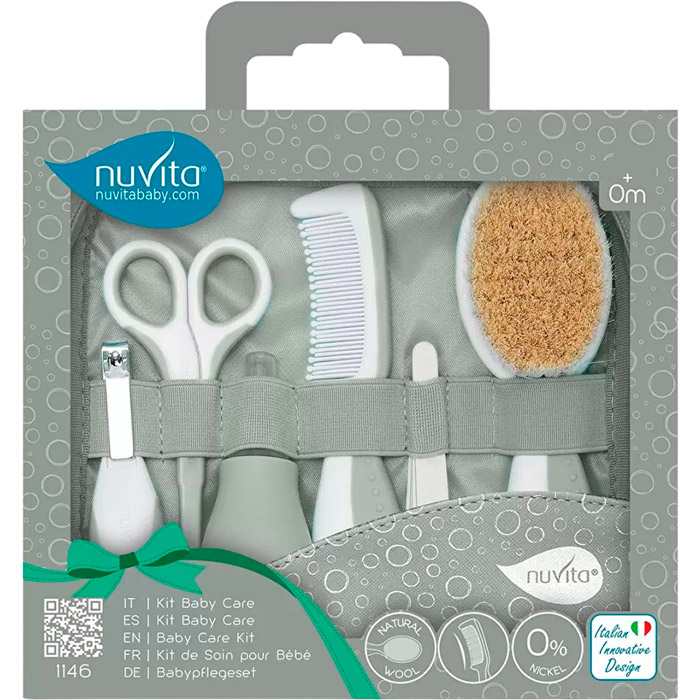 Набір для догляду за дитиною NUVITA Big 0+ Green (NV1146GREEN) Комплектація сумка-органайзер, м'яка щітка з натурального волокна, гребінець із закругленими зубчиками, ножиці з нержавіючої сталі із закругленими кінчиками, ножиці-кусачки, набір з 5 пилок, аспіратор
