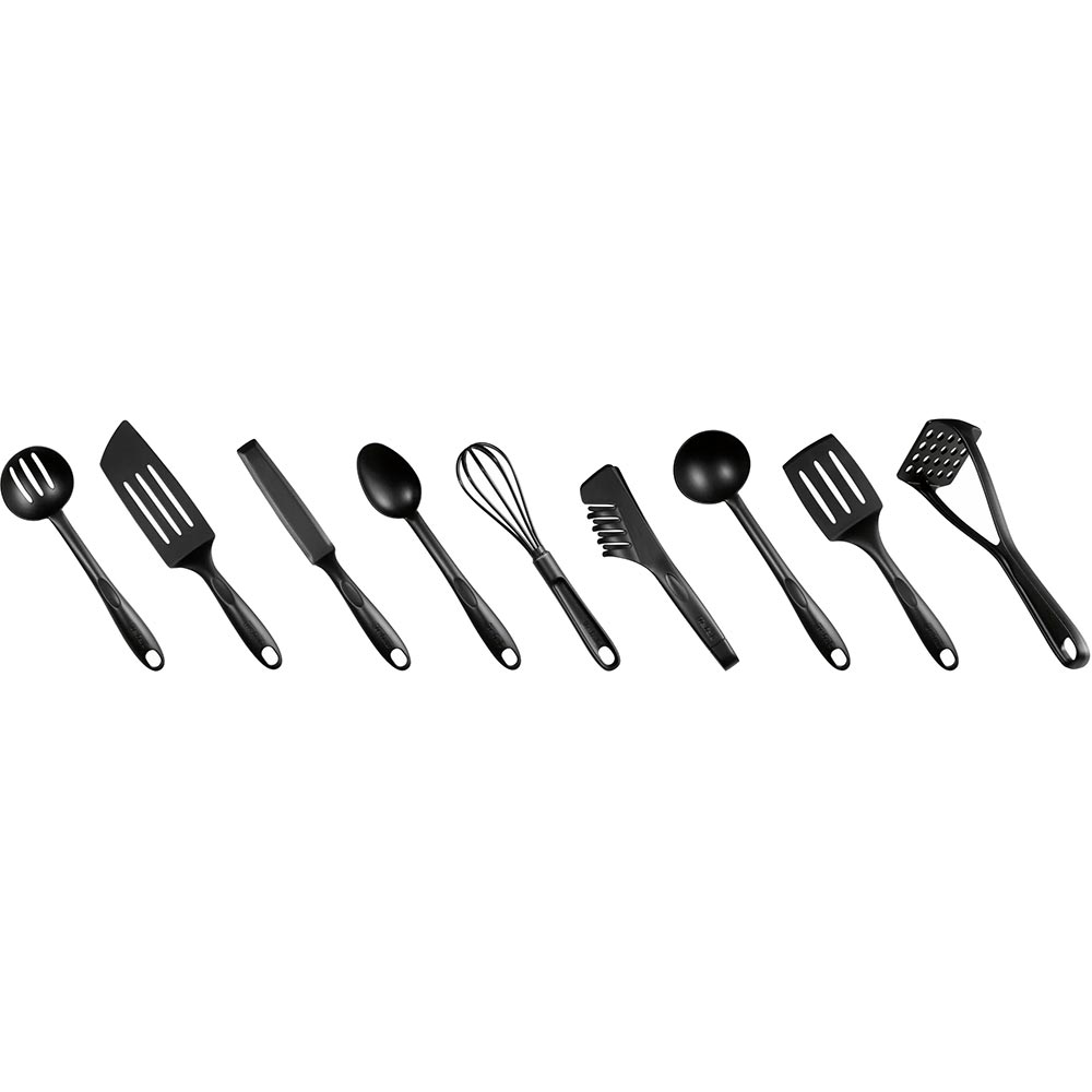 Набор кухонных аксессуаров TEFAL Bienvenue 9 предметов (K001S925) Комплектация Ложка, Шумовка, Половник, Лопатка, Угловая лопатка, Венчик, Узкая лопатка для блинов, Толкушка, Щипцы