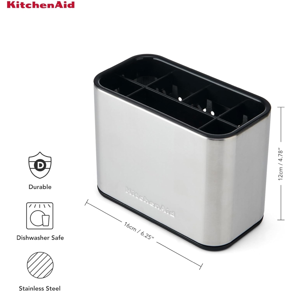 Органайзер для кухонной мойки KITCHENAID Sinkware (KEG784OSSSA) Дополнительно 7 отделений для сортировки и хранения чистящих щеток и губок; легко очищаемый съемный поддон для сбора капель; перфорация обеспечивает приток воздуха для быстрой и эффективной сушки