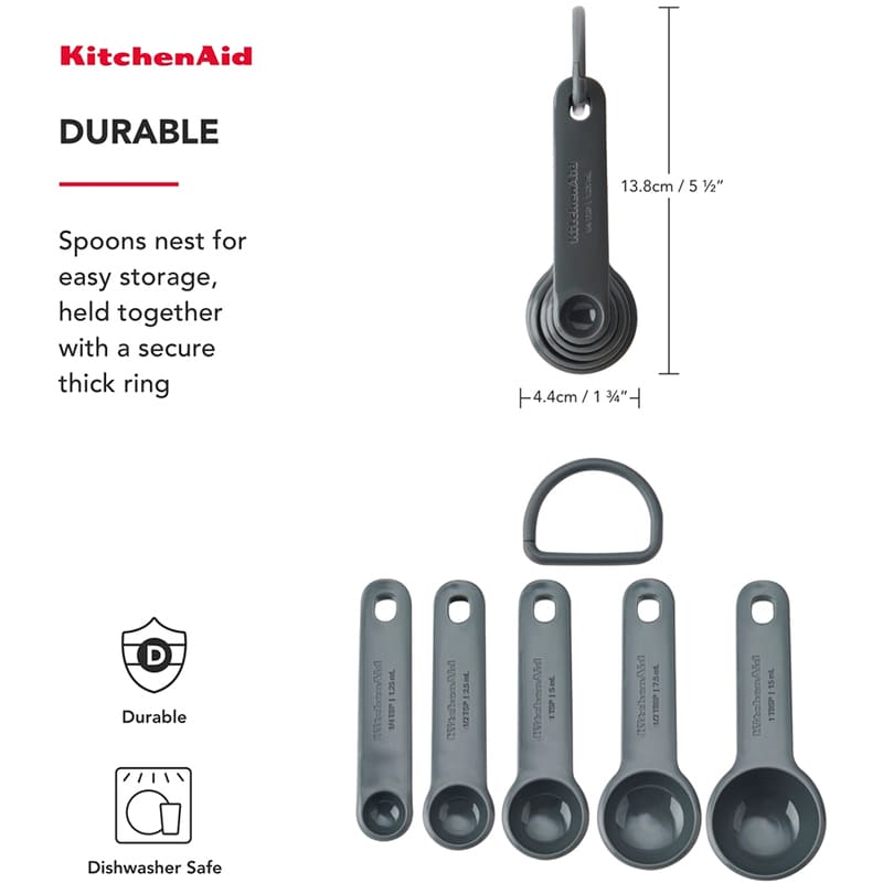 Набор мерных ложек KITCHENAID Coreline 5 шт Gray (KQG057OHCGG) Дополнительно Ложки надежно скреплены толстым кольцом; Можно мыть в посудомоечной машине