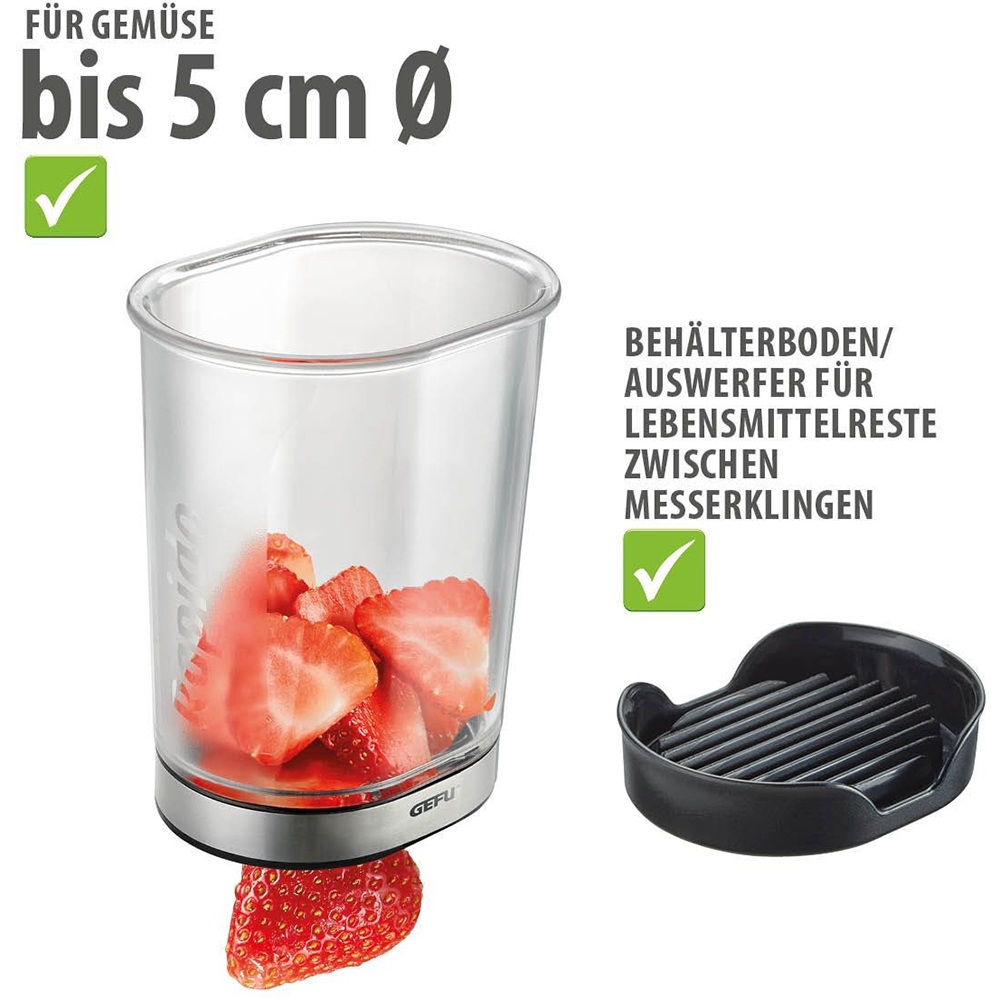 Подрібнювач GEFU Rapido (13422) Додатково зубчастий ніж із японської сталі; нарізка овочів та фруктів скибочками 4 мм; прозорий контейнер для збирання скибочок; функція викидача залишків між лезами; підходить для миття в посудомийній машині