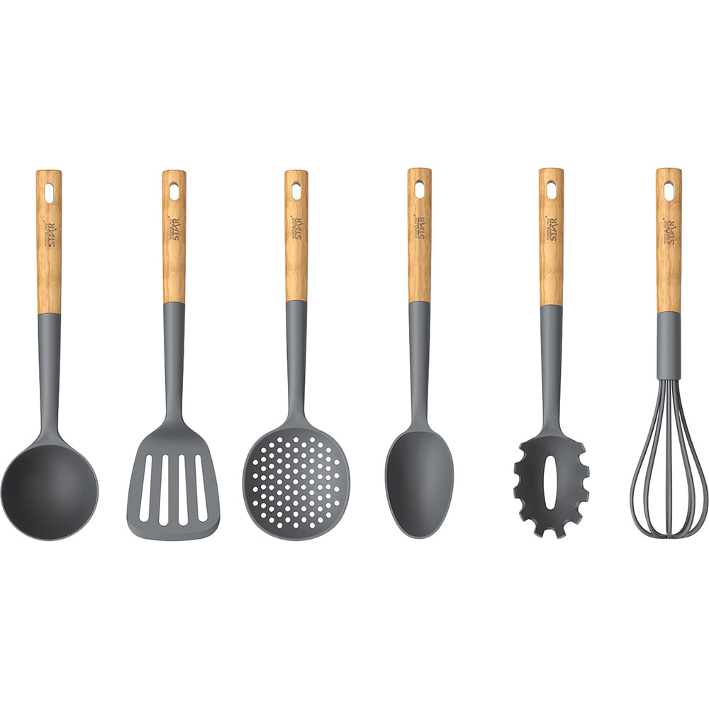 Набір кухонні аксесуари WINNINGSTAR ST-7507 Gray 6 предметів (WNNGS-ST-7507-GR) Комплектація Половник для супу; Ложка для подачі страв; Шумівка; Віночок; Ложка для пасти; Лопатка із прорізами; Підставка