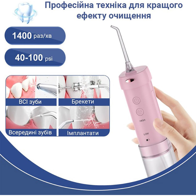 Іригатор H2OFLOSS HF-10mini 21W 2500mAh Pink Тип голівки з'ємна