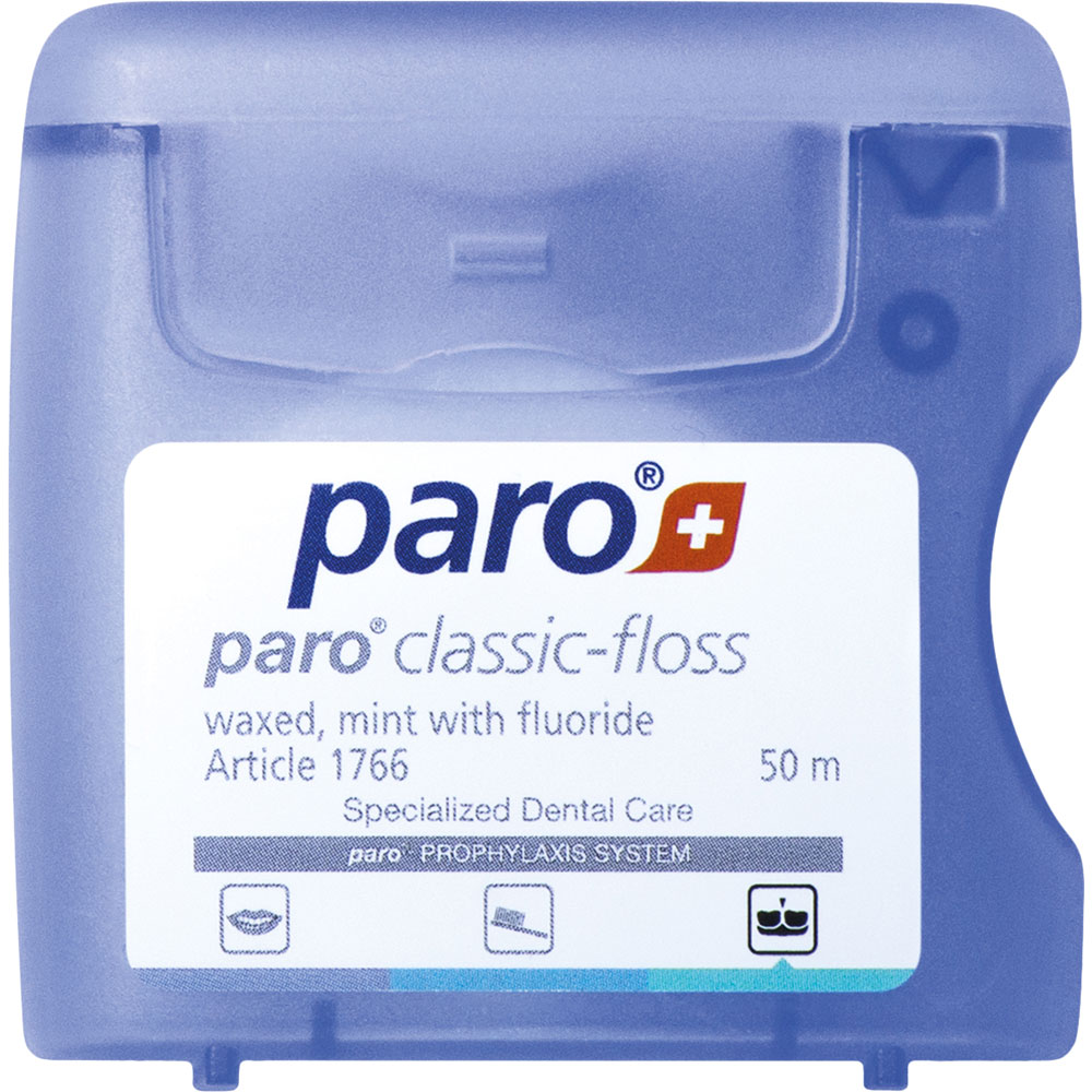 Зубна нитка PARO SWISS classic-floss вощена з м'ятою та фторидом 50 м (7.1766)