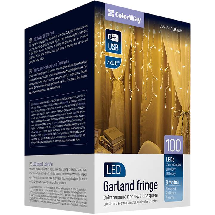 Светодиодная гирлянда COLORWAY Бахрома 3мx0.6м 100Led USB (CW-GF-100L36UWW)