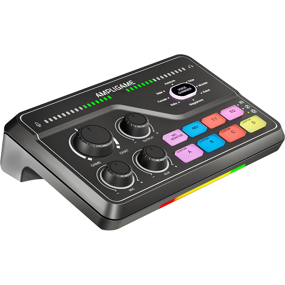 Мікшерний пульт FIFINE Black (SC8) Основні характеристики USB-мікшерний пульт; комбо-вхід XLR/6.35 мм; фантомне харчування 48 В; віртуальний 7.1 звук; 4 режими еквалайзера; 5 кнопок ефектів; RGB-підсвічування (15 режимів)
