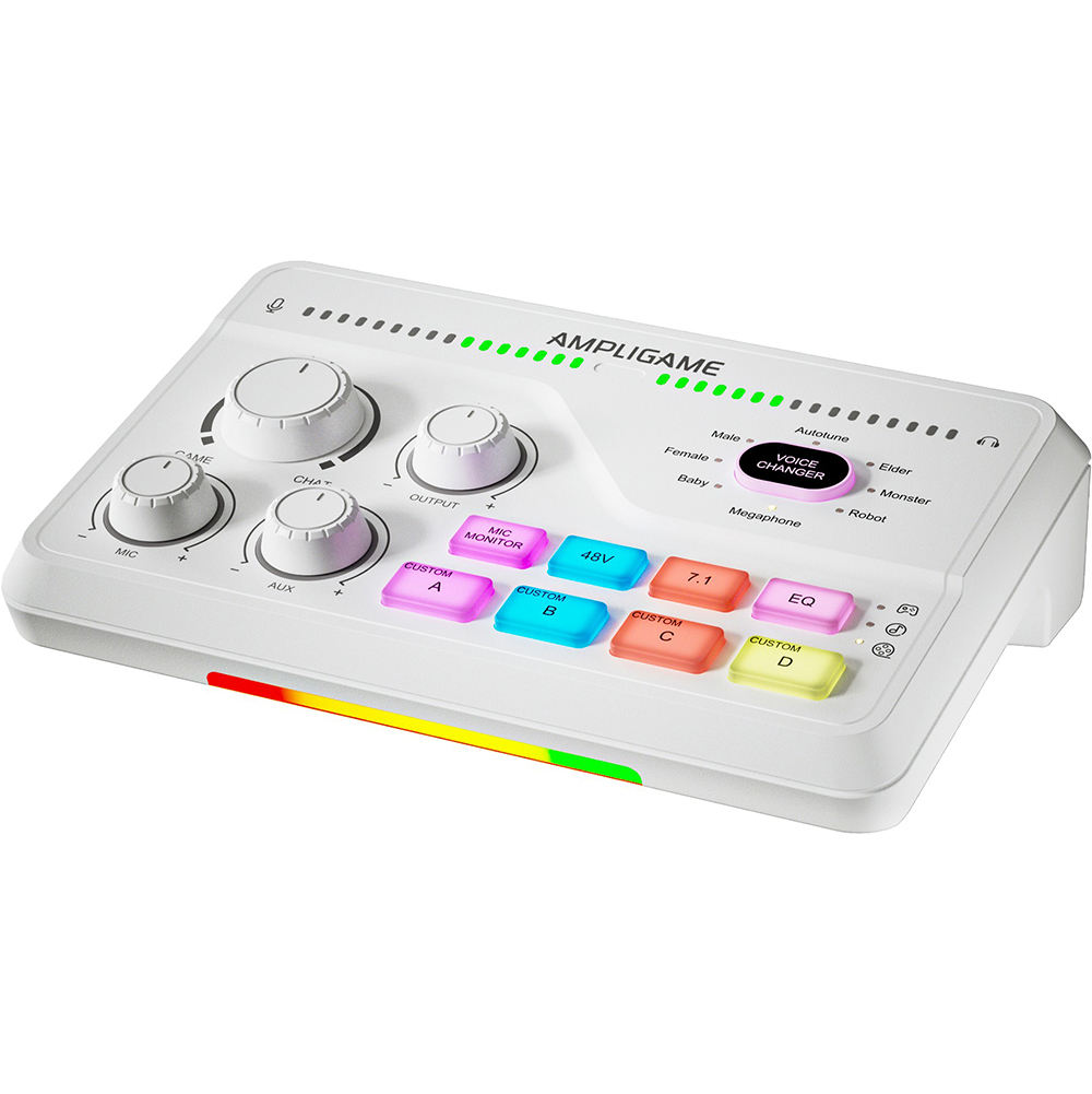 Мікшерний пульт FIFINE White (SC8W) Основні характеристики USB-мікшерний пульт; комбо-вхід XLR/6.35 мм; фантомне харчування 48 В; віртуальний 7.1 звук; 4 режими еквалайзера; 5 кнопок ефектів; RGB-підсвічування (15 режимів)