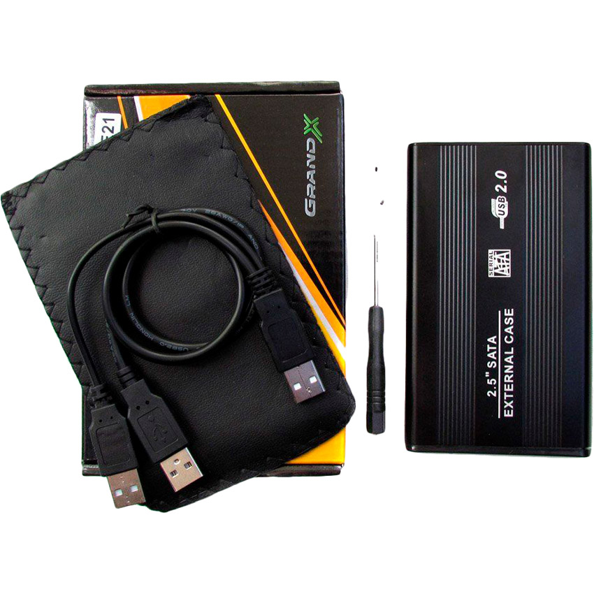 Зовнішня кишеня GRAND-X для HDD 2.5" USB 2.0 (HDE21) Основні характеристики інтерфейс HDD: SATA, інтерфейс підключення: USB, корпус: алюміній, комплектація: USB кабель, чохол, 2 гвинти для фіксації жорсткого диска, викрутка