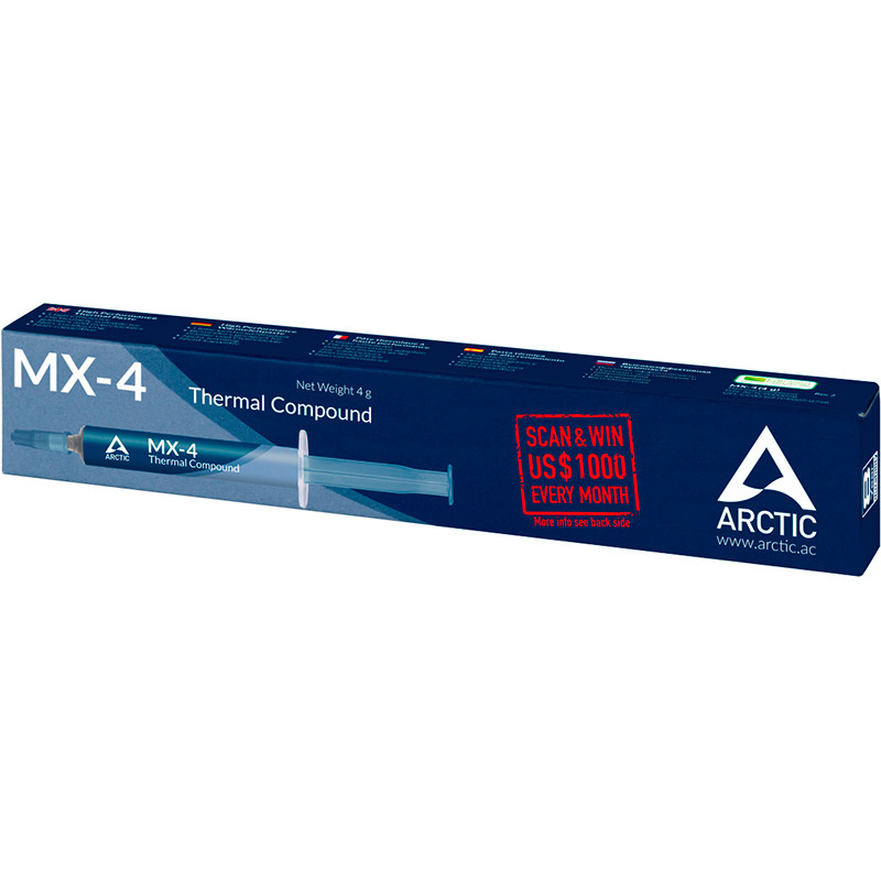 Термопаста ARCTIC MX-4 4 г (ACTCP00002B) Основные характеристики вязкость - 850 пуаз, плотность - 2.5 г/куб.см, теплопроводность - 8.5 Вт/(м*К)