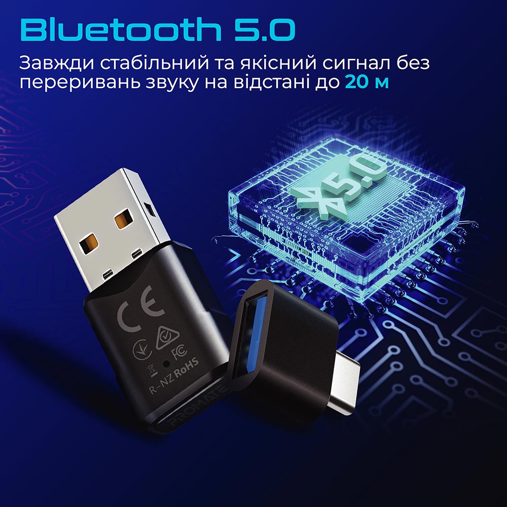 Bluetooth-адаптер PROMATE BlueLink Black (bluelink.black) Основні характеристики Версія Bluetooth: 5.0; Профілі Bluetooth: A2DP, AVRCP, HFP; Чіпсет Bluetooth: ATS2831; Інтерфейс підключення: USB 2.0; Пропускна спроможність: 3 Мбіт/с; Робоча напруга: 5В/20мА; Робоча дистанція: 20 м; Перехідник USB-A to USB-C